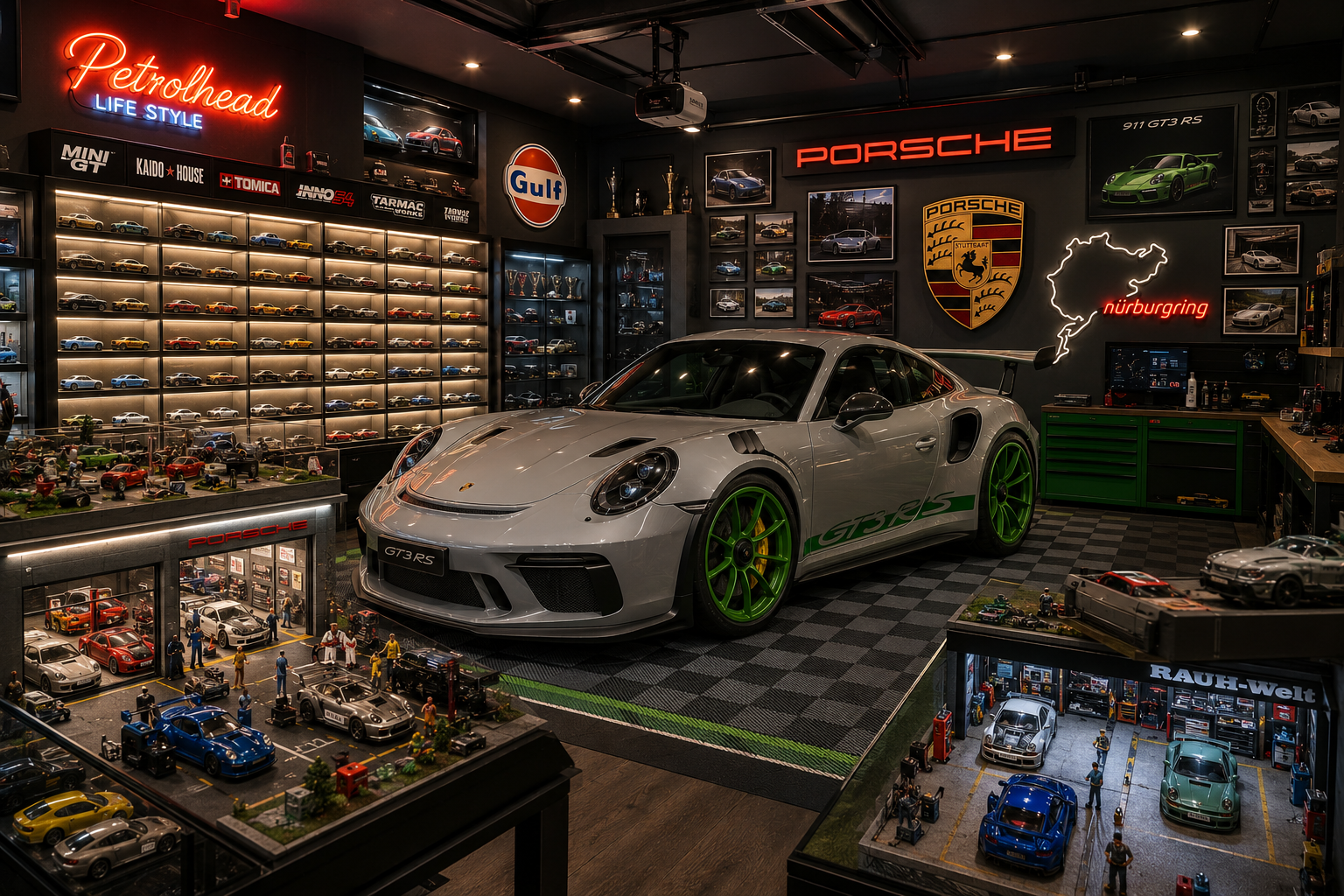 Luxury petrolhead garage featuring a Porsche 911 GT3 RS surrounded by premium 1:64 diecast cars, realistic garage dioramas, LED displays, and automotive collectibles