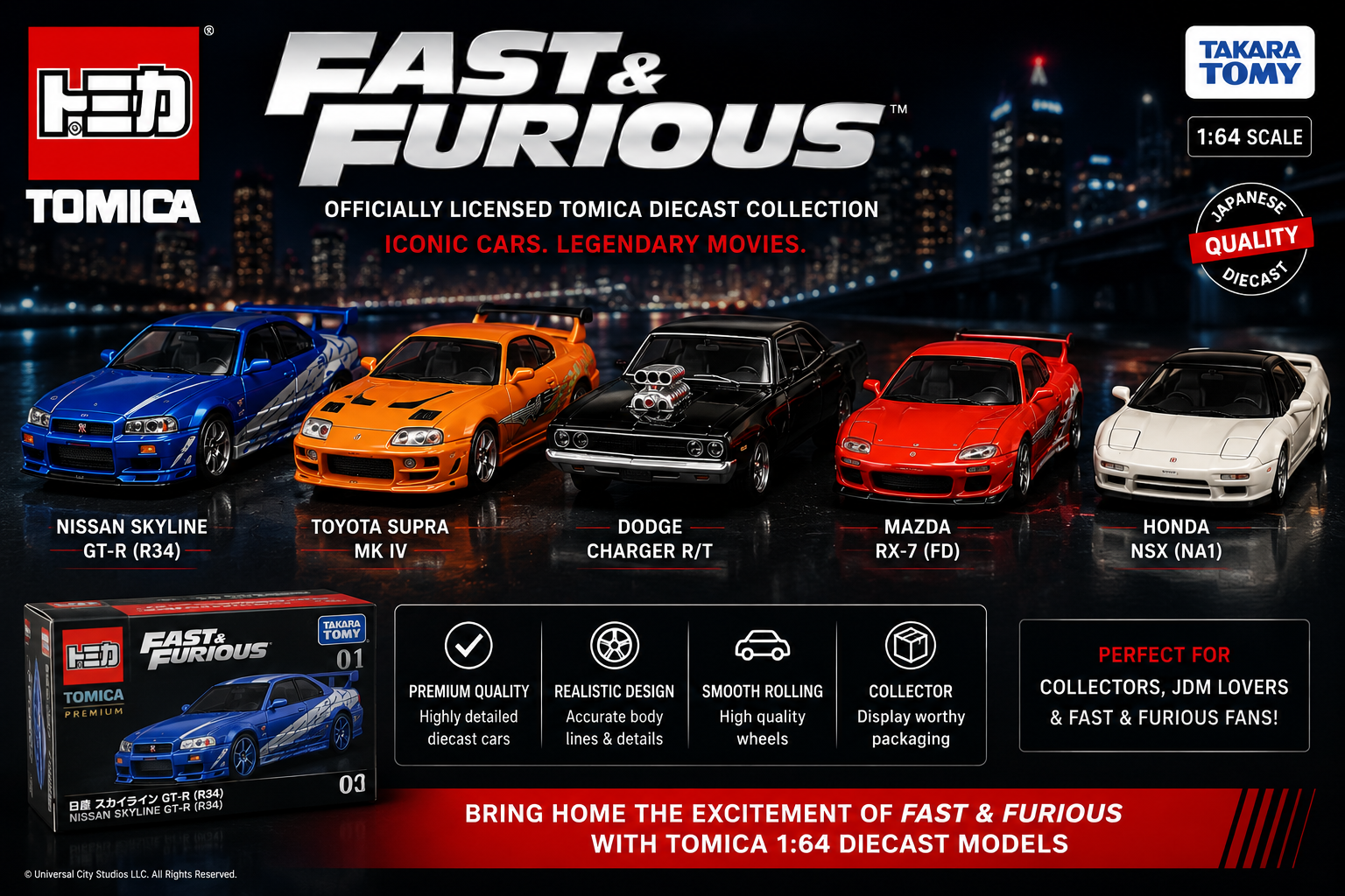 Tomica Fast & Furious premium 1:64 diecast collection featuring Nissan Skyline GT-R R34, Toyota Supra Mk4, Dodge Charger, Mazda RX-7 and Honda NSX