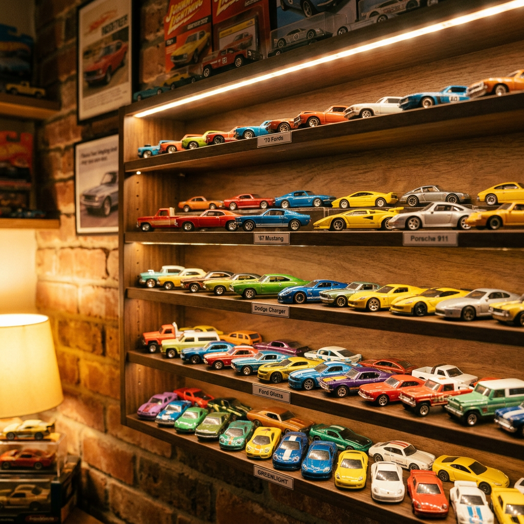 Wooden shelves with multiple rows of small model cars arranged by type and color.