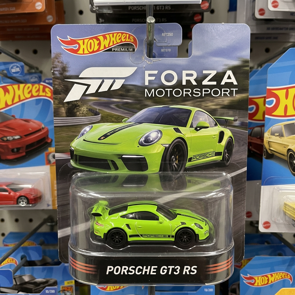 Green Porsche GT3 RS Hot Wheels car in Forza Motorsport packaging