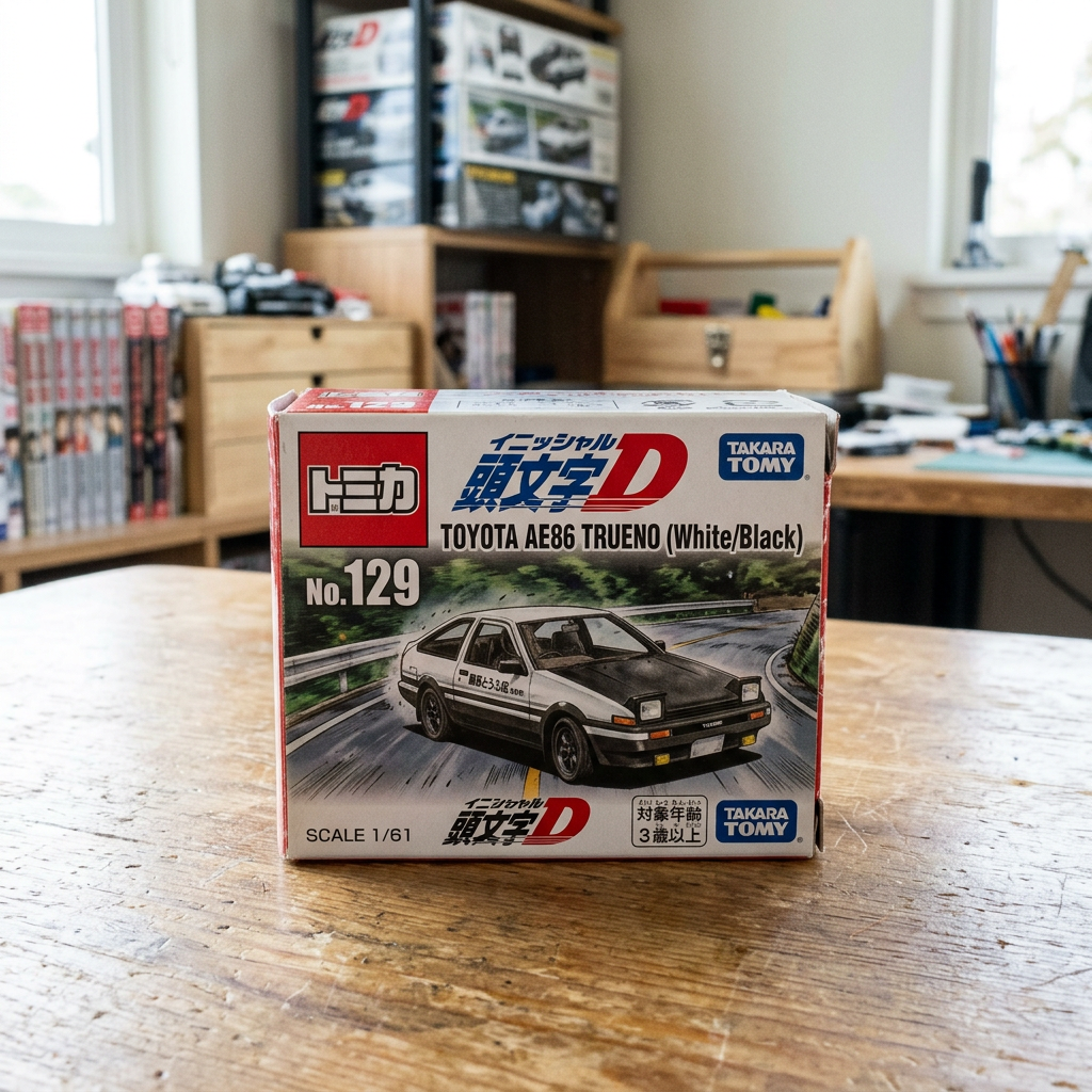 Tomica model box of Toyota AE86 Trueno with Initial D branding