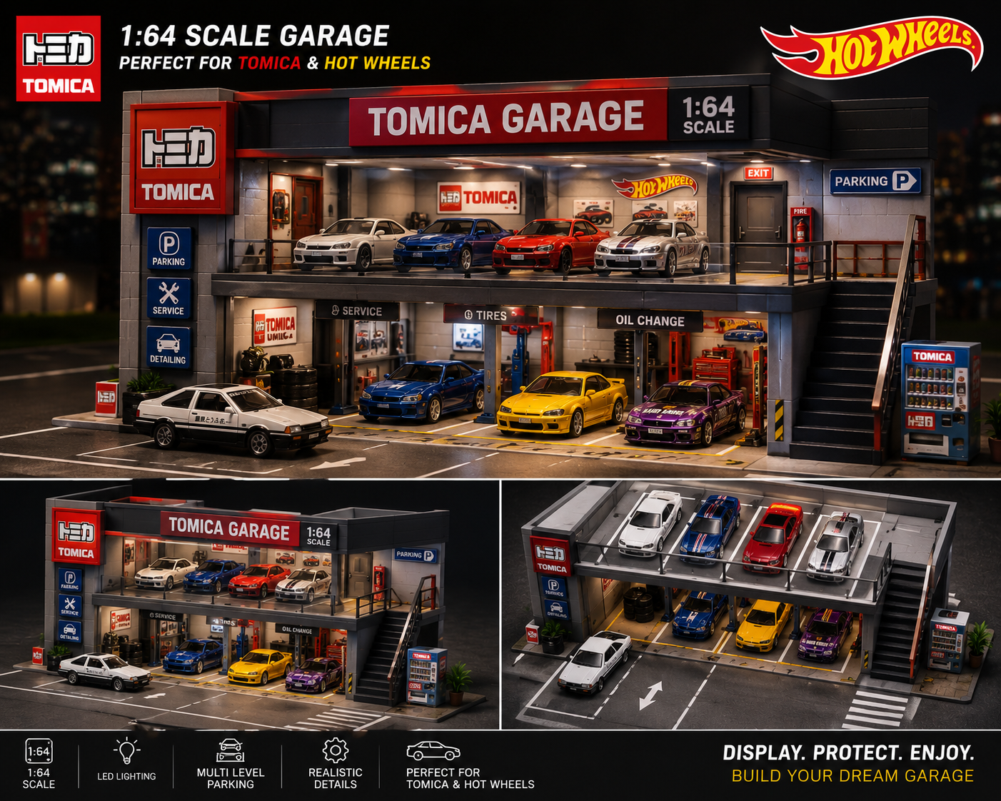 Tomica Garage 1:64 scale display with Hot Wheels cars parked inside a realistic multi-level garage