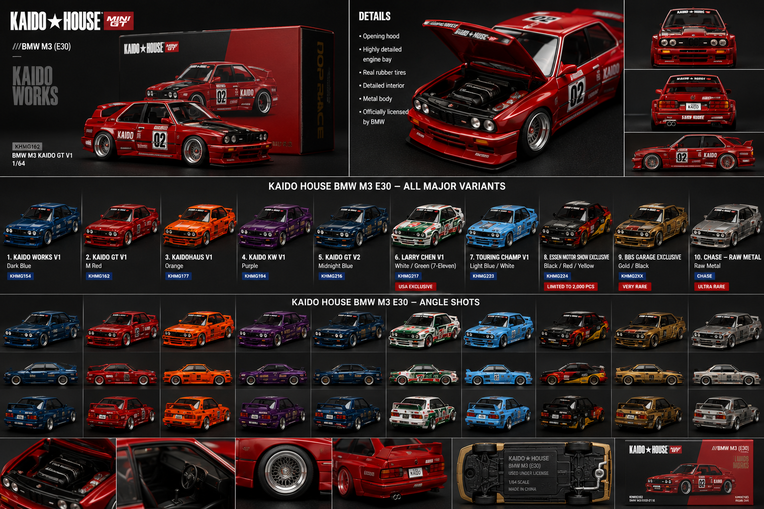 Kaido House BMW M3 E30 diecast variants with multiple viewing angles and collector details