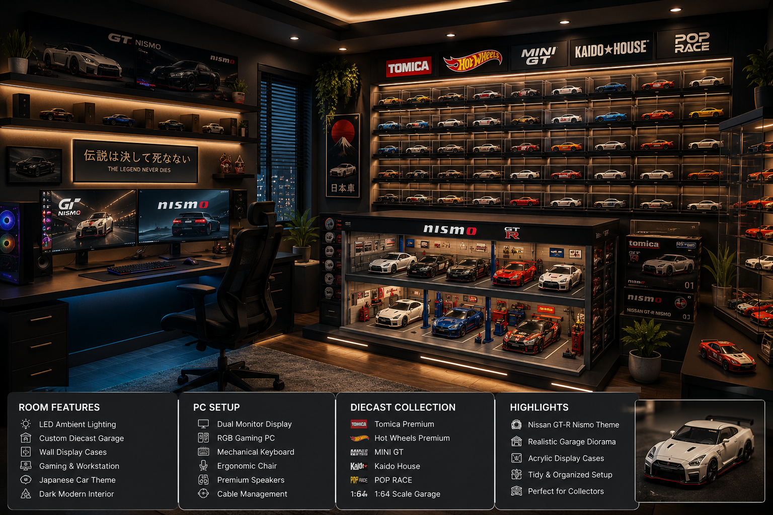 Modern diecast collector room with PC gaming setup, LED display cases, Tomica garage, Hot Wheels, Mini GT, and Nissan GT-R Nismo models