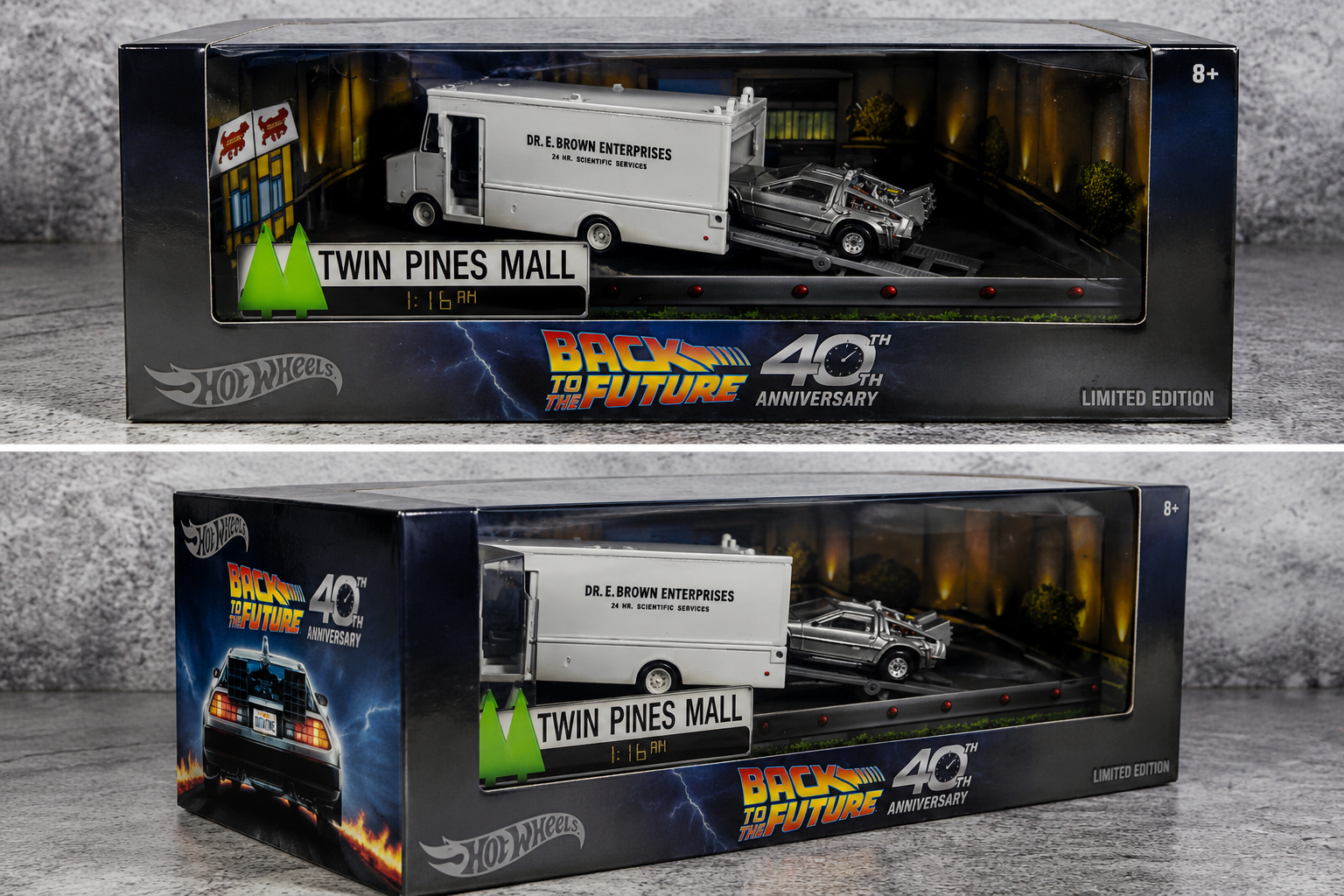 Hot Wheels Back to the Future 40th Anniversary Set featuring the DeLorean Time Machine and Dr. E. Brown Enterprises truck in premium collector packaging