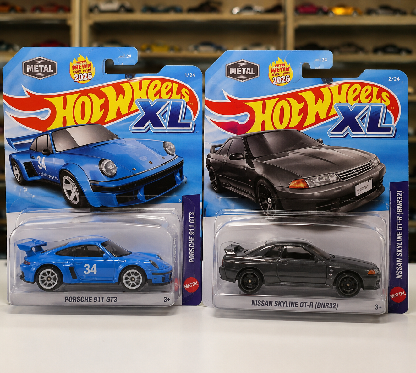 Hot Wheels XL Porsche 911 GT3 and Nissan Skyline GT-R (BNR32) in original blister packaging
