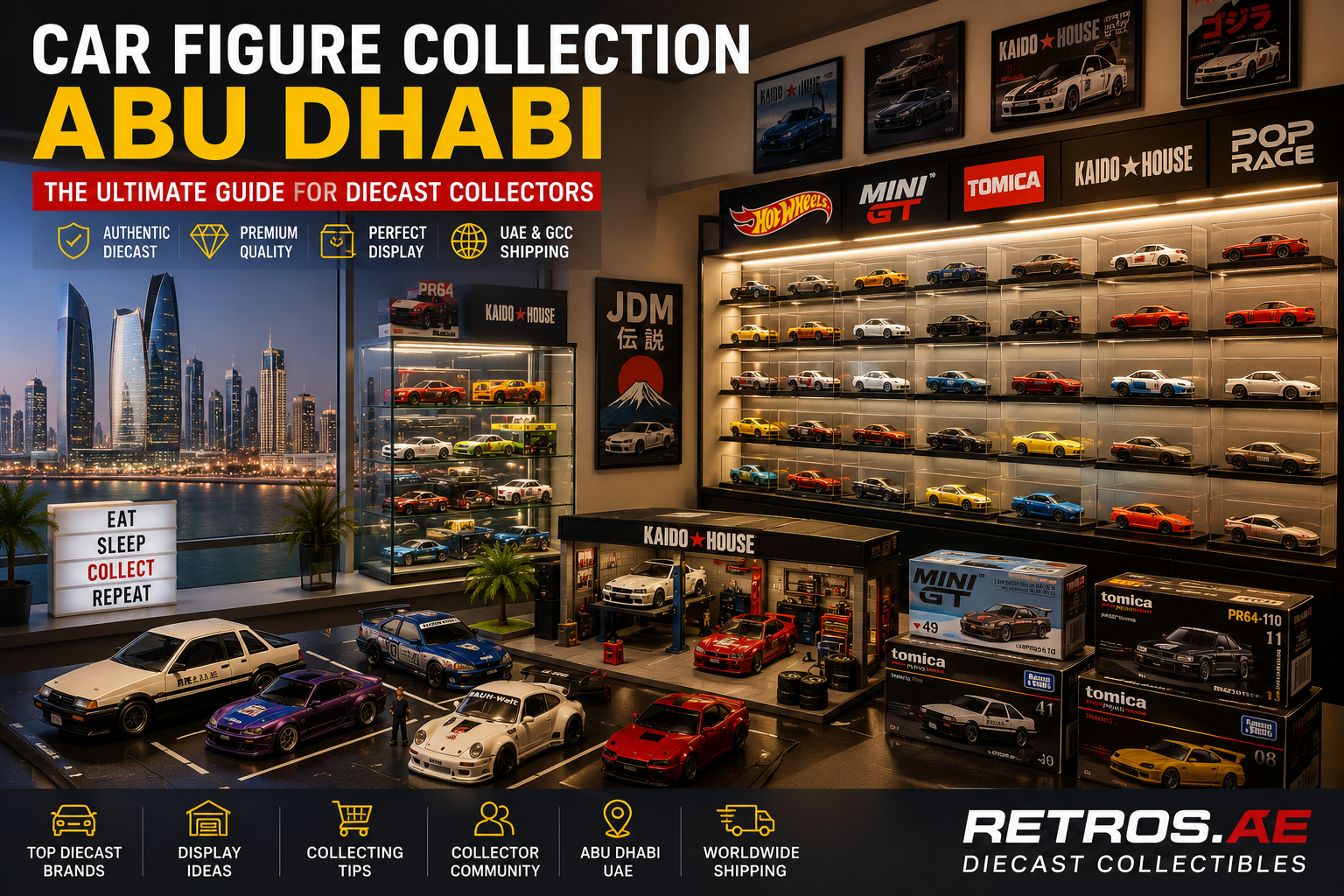 Car figure collection display room in Abu Dhabi featuring Hot Wheels, Mini GT, Tomica, Kaido House, and POP RACE diecast models