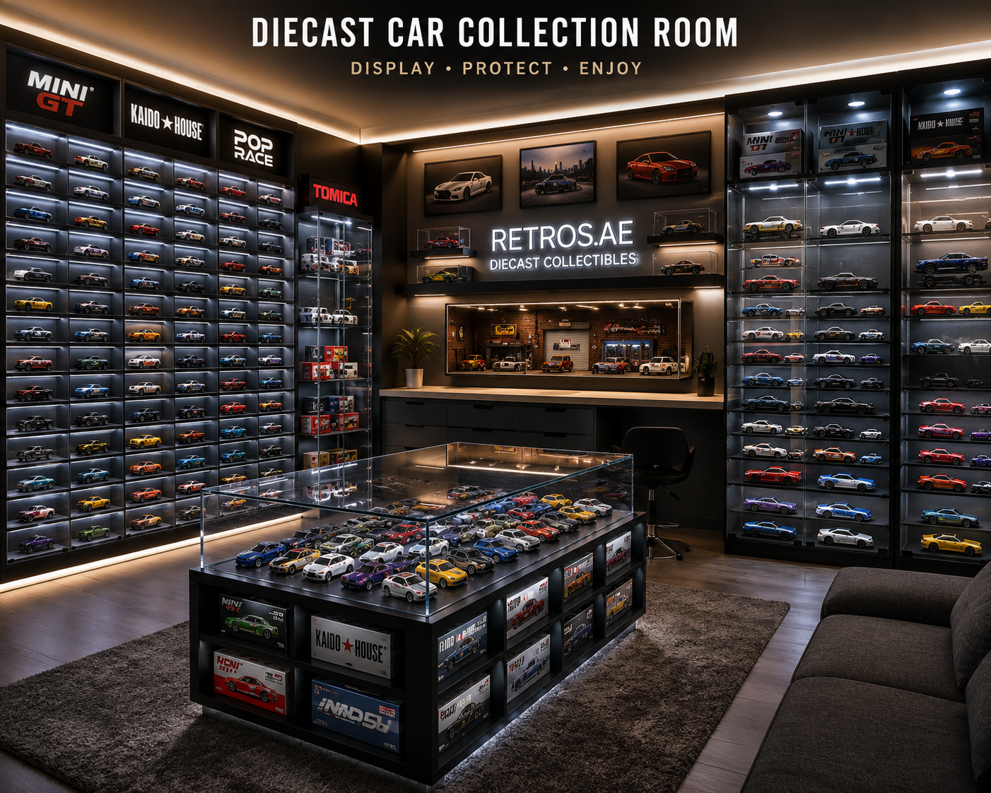 Modern diecast car collection display room with LED cabinets, glass showcases, and premium 1:64 scale model cars
