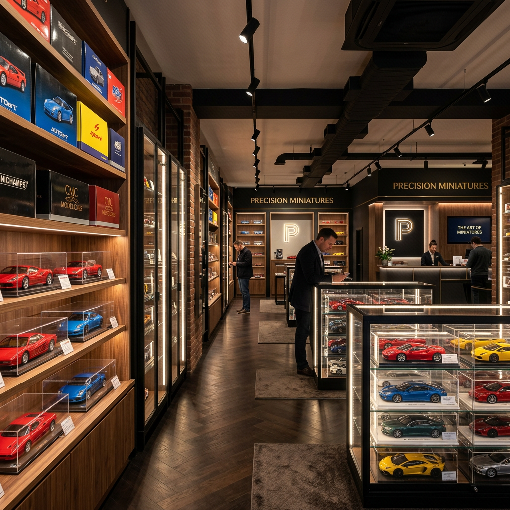 Interior of a miniature car showroom with glass display cases and customers browsing